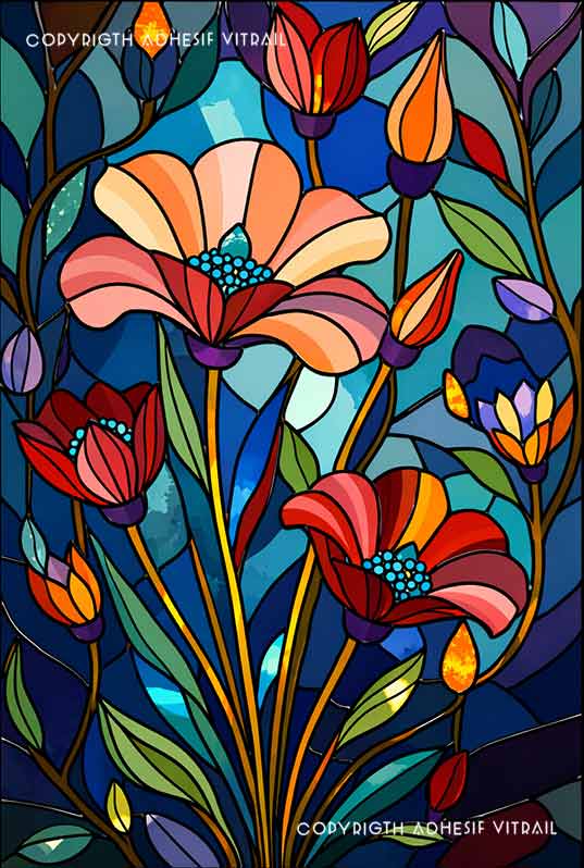 Film adhésif décoratif autocollant d’inspiration vitrail traditionnel à fleurs stylisées multicolores sur fond bleu, idéal pour fenêtre.