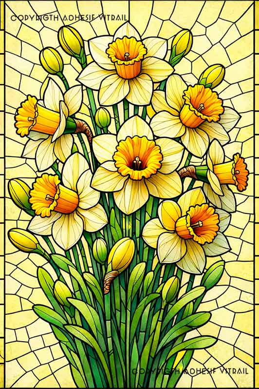 Film adhésif décoratif autocollant d’inspiration vitrail traditionnel à jonquilles et narcisses jaunes, idéal pour fenêtre.