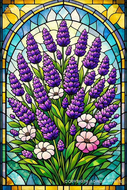Film adhésif décoratif autocollant d’inspiration vitrail traditionnel à bouquet de lavande violette, idéal pour fenêtre.
