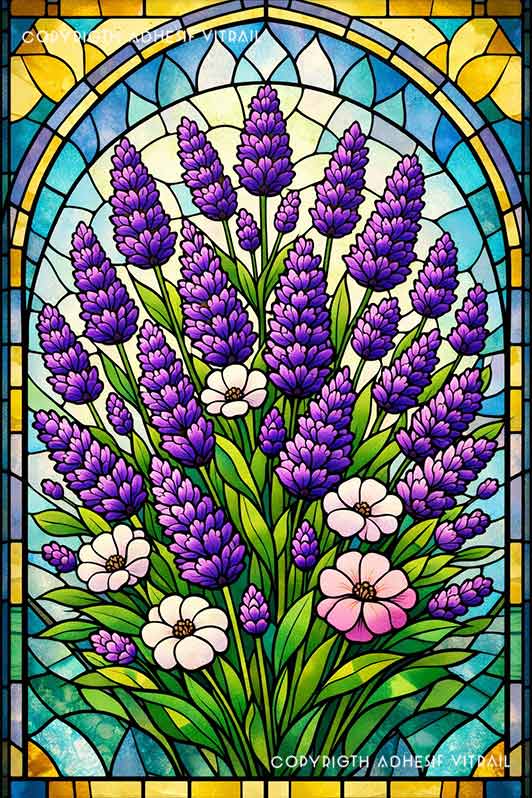 Film adhésif décoratif autocollant d’inspiration vitrail traditionnel à bouquet de lavande violette, idéal pour fenêtre.