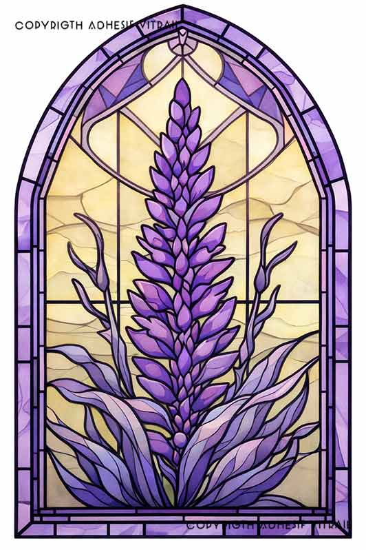 Film adhésif décoratif autocollant d’inspiration vitrail traditionnel à fleur de lavande violette sous arche, idéal pour fenêtre.