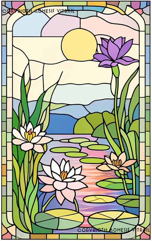 Film adhésif décoratif autocollant d’inspiration vitrail traditionnel à bassin de lotus et nénuphars, idéal pour fenêtre.
