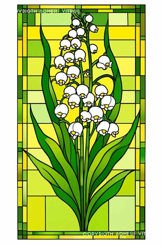 Film adhésif décoratif autocollant d’inspiration vitrail traditionnel à brins de muguet blanc, idéal pour fenêtre.