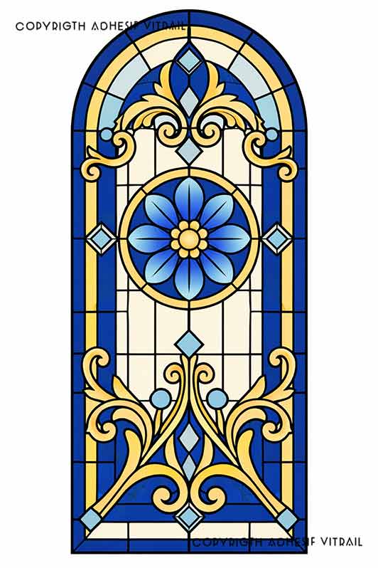 Film adhésif décoratif autocollant d’inspiration vitrail traditionnel à panneau floral bleu et or sous arche, idéal pour fenêtre.