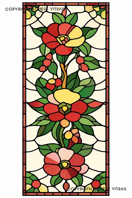 Film adhésif décoratif autocollant d’inspiration vitrail traditionnel à panneau floral rouge et jaune, idéal pour fenêtre.