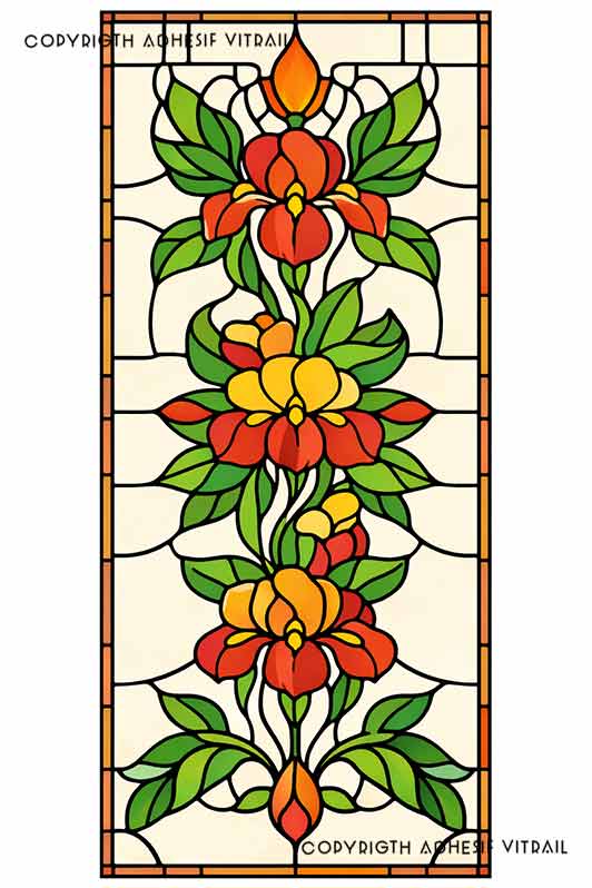 Film adhésif décoratif autocollant d’inspiration vitrail traditionnel à panneau floral vertical rouge, orange et jaune, idéal pour fenêtre.
