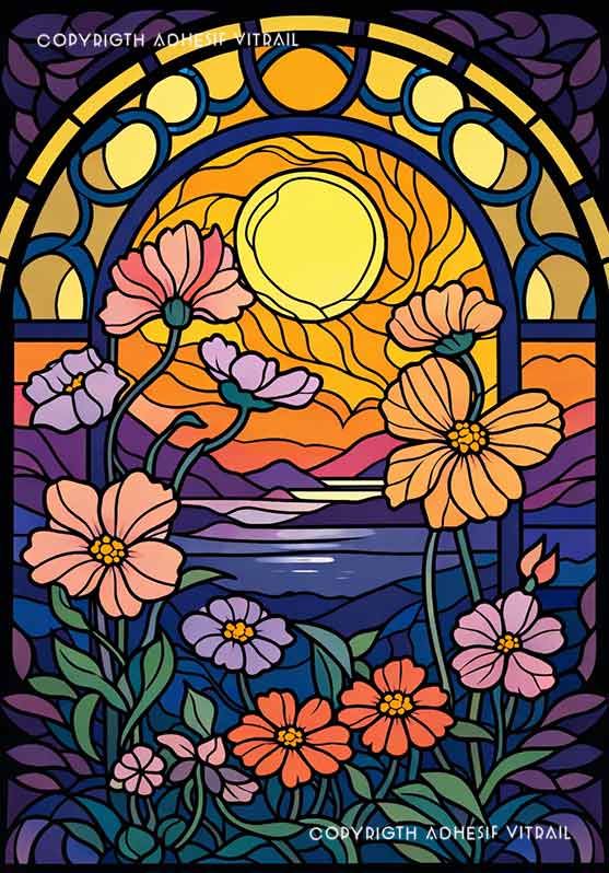 Film adhésif décoratif autocollant d’inspiration vitrail représentant un paysage fleuri avec un soleil, un lac, des montagnes et une arche vitrail.
