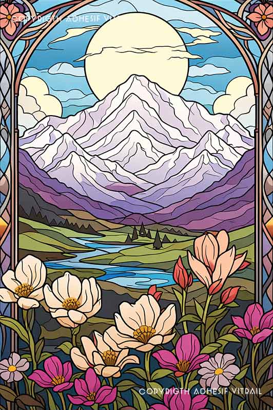 Film adhésif décoratif autocollant d’inspiration vitrail représentant un paysage de montagnes au soleil avec une rivière, une vallée et des fleurs au premier plan.