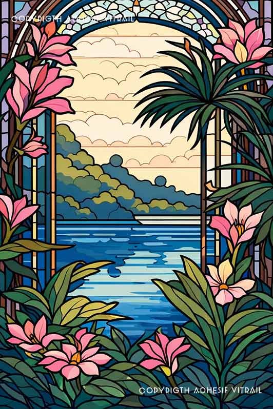 Film adhésif décoratif autocollant d’inspiration vitrail représentant une fenêtre sur un lagon tropical entouré de fleurs exotiques et de feuillages.