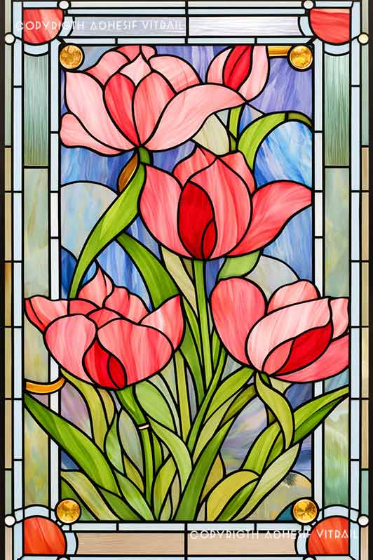 Film adhésif décoratif autocollant d’inspiration vitrail traditionnel à bouquet de tulipes roses, idéal pour fenêtre.