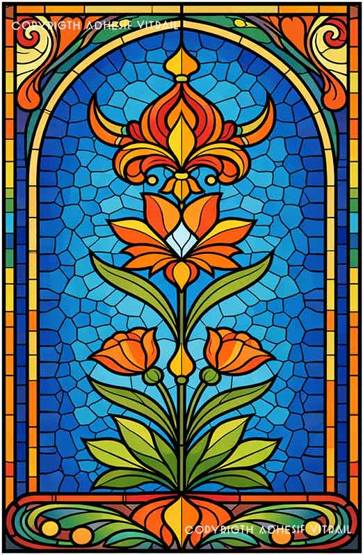 Film adhésif décoratif autocollant d’inspiration vitrail fleur art nouveau orange et vert sur fond bleu pour fenêtre.