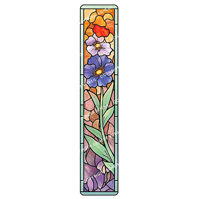 Film adhésif décoratif autocollant d’inspiration vitrail représentant un panneau floral vertical avec grandes fleurs bleues et violettes, feuillage élancé et composition végétale décorative.