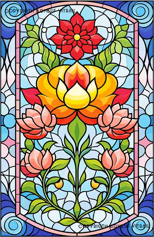 Film adhésif décoratif autocollant d’inspiration vitrail avec fleur lotus style Art nouveau pour décoration de fenêtre lumineuse.