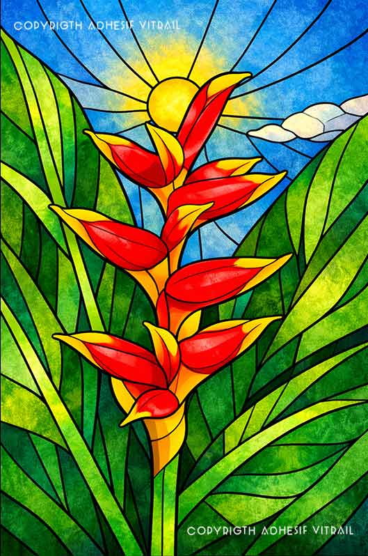 dhésif vitrail représentant une fleur oiseau de paradis dans un décor tropical lumineux