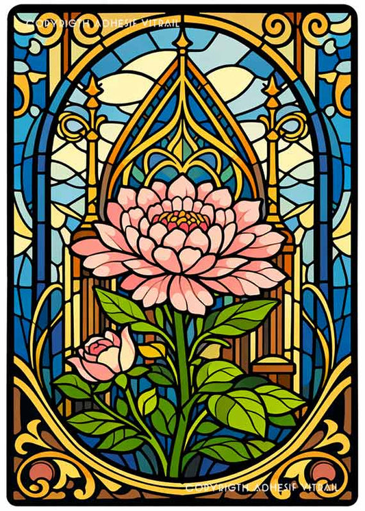 Film adhésif décoratif autocollant d’inspiration vitrail représentant une pivoine rose avec bouton et feuillage vert dans une composition florale Art nouveau.