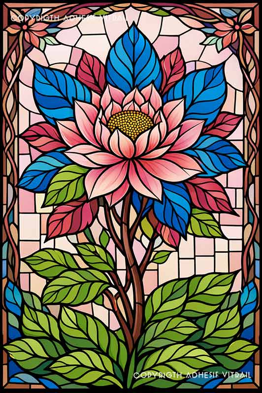 Film adhésif décoratif autocollant d’inspiration vitrail représentant une fleur rose stylisée entourée de feuilles bleues et vertes.