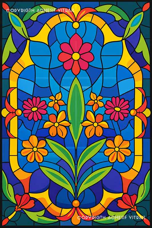Film adhésif décoratif autocollant d’inspiration vitrail avec fleurs colorées géométriques style art nouveau pour fenêtre.