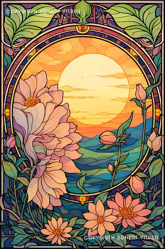 Film adhésif décoratif autocollant d’inspiration vitrail fleurs devant coucher de soleil sur paysage de montagne.