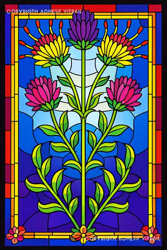 Film adhésif décoratif autocollant d’inspiration vitrail avec fleurs géométriques colorées style art nouveau pour vitrage.