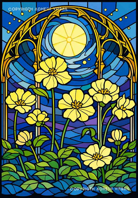 Film adhésif décoratif autocollant d’inspiration vitrail représentant des fleurs jaunes sous une lune lumineuse dans une scène nocturne bleutée de style Art nouveau.