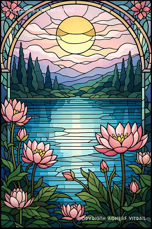 Film adhésif décoratif autocollant d’inspiration vitrail représentant des fleurs de lotus roses au bord d’un lac avec soleil couchant et montagnes en arrière-plan.