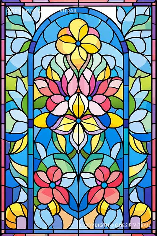 Film adhésif décoratif autocollant d’inspiration vitrail aux fleurs pastel géométriques pour décoration de fenêtre intérieure.