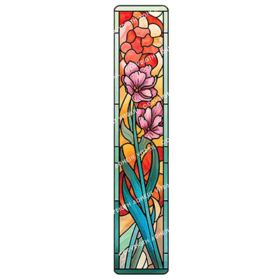 Film adhésif décoratif autocollant d’inspiration vitrail représentant un panneau floral vertical avec fleurs roses stylisées, longues feuilles élancées et fond lumineux aux teintes chaudes.