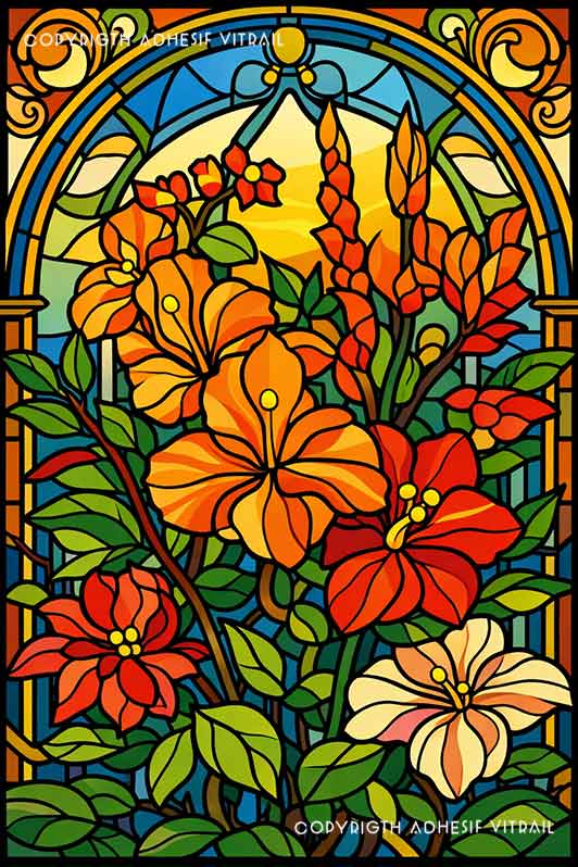 Film adhésif décoratif autocollant d’inspiration vitrail représentant des fleurs tropicales orange et rouges avec feuillage vert dans une composition florale Art nouveau sous arcade.