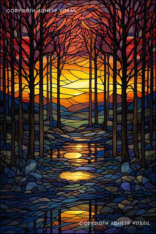 Film adhésif décoratif autocollant d’inspiration vitrail forêt d’automne avec coucher de soleil lumineux et reflet doré dans l’eau au cœur des arbres.