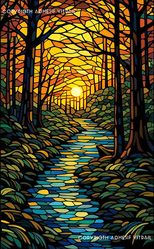 Film adhésif décoratif autocollant d’inspiration vitrail forêt au coucher de soleil avec rivière et paysage nature.