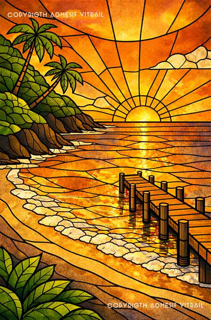 Adhésif vitrail décoratif représentant la plage de Grande Anse aux Caraïbes, paysage tropical en ambiance dorée chaleureuse.