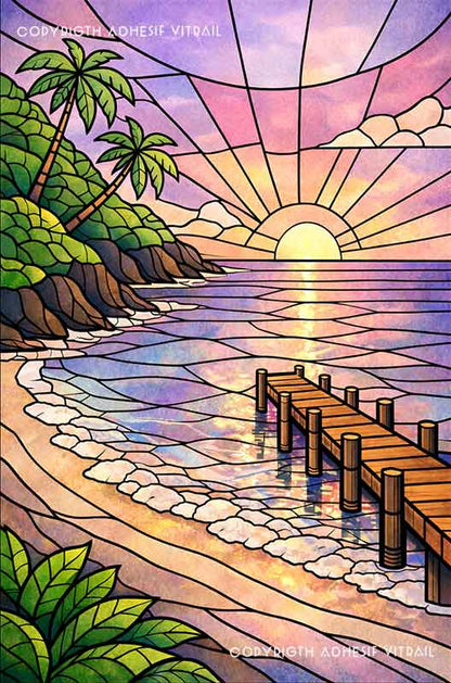 Adhésif vitrail décoratif représentant la plage de Grande Anse aux Caraïbes, paysage tropical en ambiance lune violette.