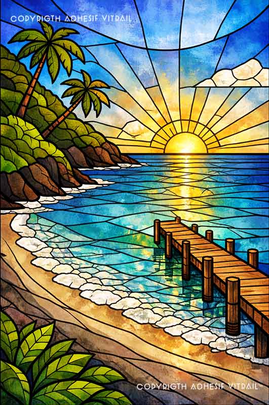 Adhésif vitrail décoratif représentant la plage de Grande Anse aux Caraïbes, paysage tropical en ambiance soleil lumineuse pour fenêtre.