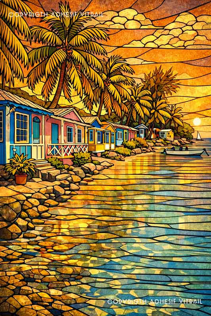 Film adhésif pour fenêtre effet vitrail représentant un village tropical au coucher du soleil avec palmiers, maisons colorées et mer scintillante