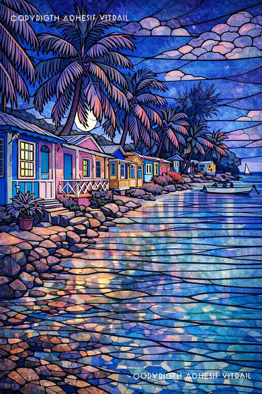 Film adhésif pour vitre effet vitrail représentant un village tropical de nuit avec palmiers, maisons illuminées et mer calme