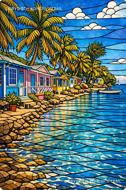 Film adhésif pour vitre effet vitrail représentant un village tropical en bord de mer avec palmiers, maisons colorées et eau turquoise