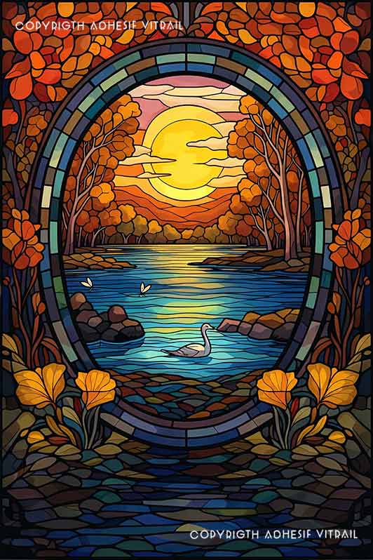 Film adhésif décoratif autocollant d’inspiration vitrail lac automnal avec cygne sur l’eau au coucher de soleil, encadrement circulaire et feuillages dorés.