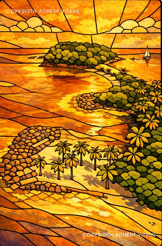 Adhésif vitrail décoratif représentant Illustration style vitrail représentant une île tropicale au coucher de soleil avec plage, palmiers et mer dans des tons orangés et dorés.