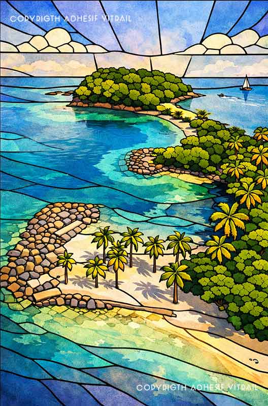 Adhesif vitrail autocollant illustration style vitrail représentant une île tropicale avec plage, palmiers et mer dans des tons bleus et turquoises.