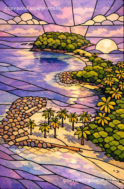 Adhésif vitrail autocollant Illustration style vitrail représentant une île tropicale avec plage, palmiers et mer dans des tons violets et rosés.