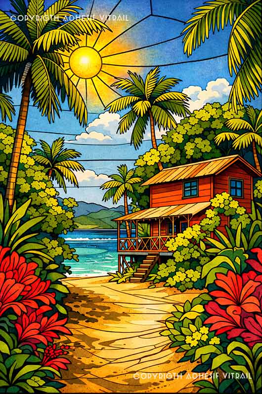 Adhésif vitrail lodge tropical en bois, sentier fleuri et mer des Caraïbes