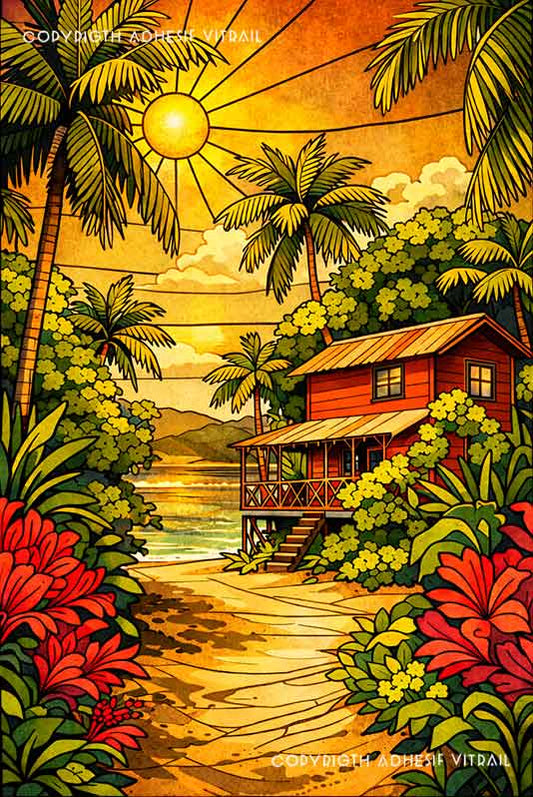 Film vitrail décoratif lodge exotique entouré de jungle et lumière dorée