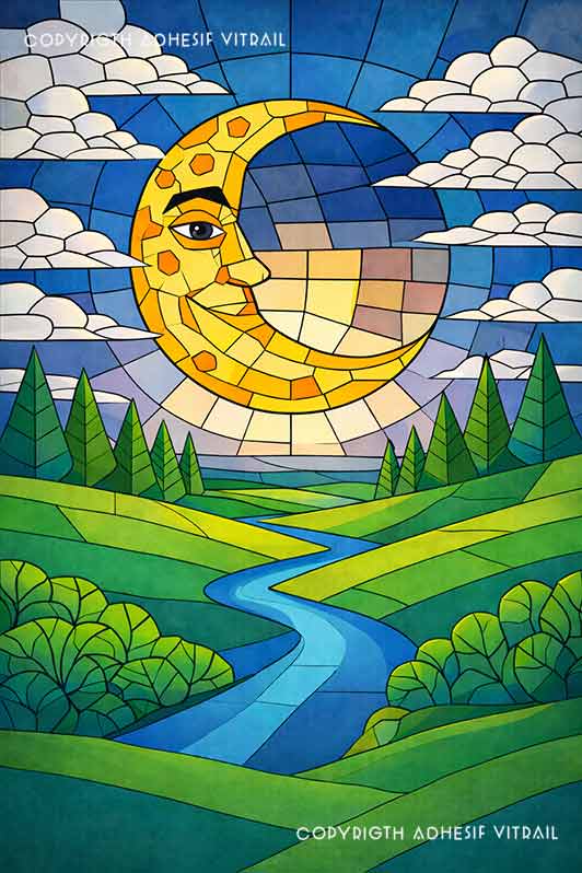 Film adhésif décoratif autocollant d’inspiration vitrail représentant une lune visage dans un ciel nuageux au-dessus d’un paysage de collines vertes.