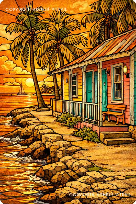 Adhésif vitrail Caraïbes représentant une maison tropicale en bord de mer avec palmiers et rochers au coucher du soleil