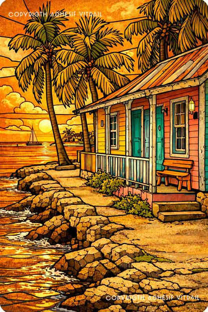 Adhésif vitrail Caraïbes représentant une maison tropicale en bord de mer avec palmiers et rochers au coucher du soleil