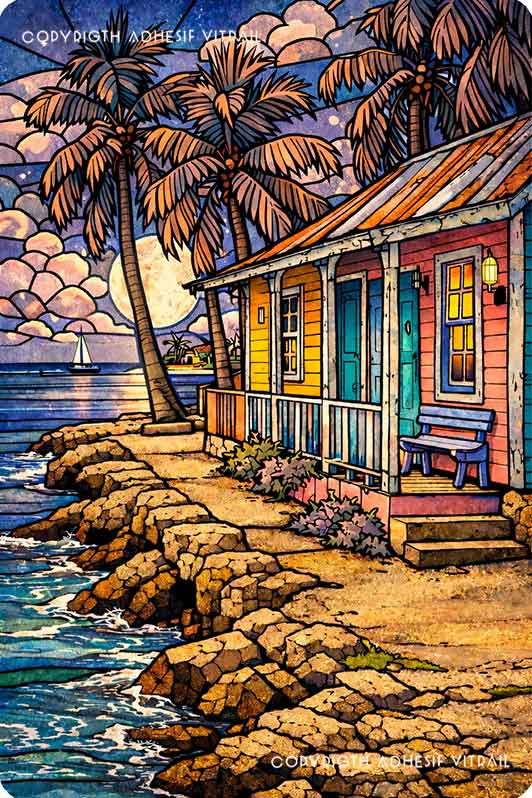 Adhésif vitrail Caraïbes représentant une maison tropicale en bord de mer avec palmiers et côte rocheuse au crépuscule