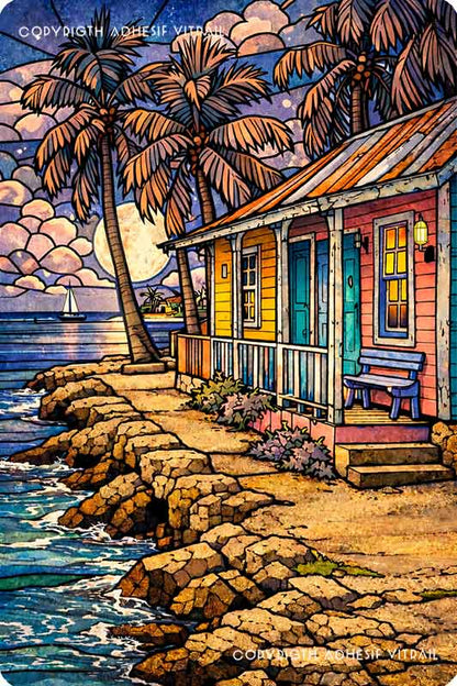 Adhésif vitrail Caraïbes représentant une maison tropicale en bord de mer avec palmiers et côte rocheuse au crépuscule