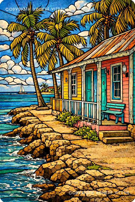 Adhésif vitrail Caraïbes représentant une maison créole en bord de mer avec palmiers, rochers et océan bleu