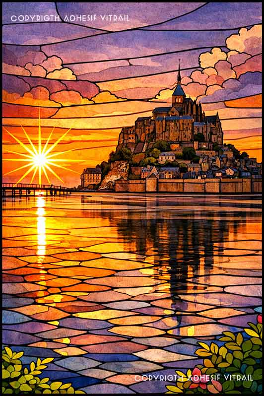 Film adhésif décoratif autocollant d’inspiration vitrail représentant le Mont-Saint-Michel au coucher du soleil avec son architecture emblématique.