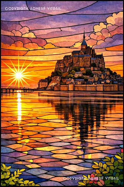 Film adhésif décoratif autocollant d’inspiration vitrail représentant le Mont-Saint-Michel au coucher du soleil avec son architecture emblématique.